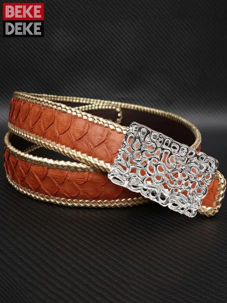 Luxury Mens Genuine Leather Snake Skin Belt Long Business Casual Fashion Weave Serpentine Belt Male