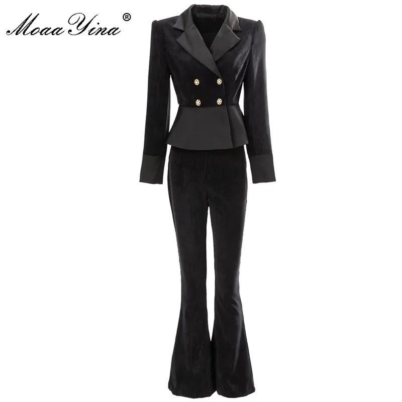 

MoaaYina Fashion Runway Spring velvet Pants Set Women Long sleeve Double buckle Blazer and High waist Flare Pants Two Piece Set