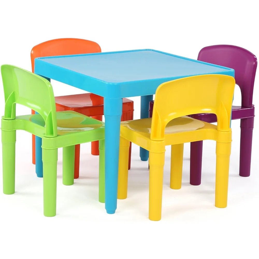 

Humble Crew, Blue Table & Red/Green/Yellow/Purple Kids Lightweight Plastic Table and 4 Chairs Set, Square