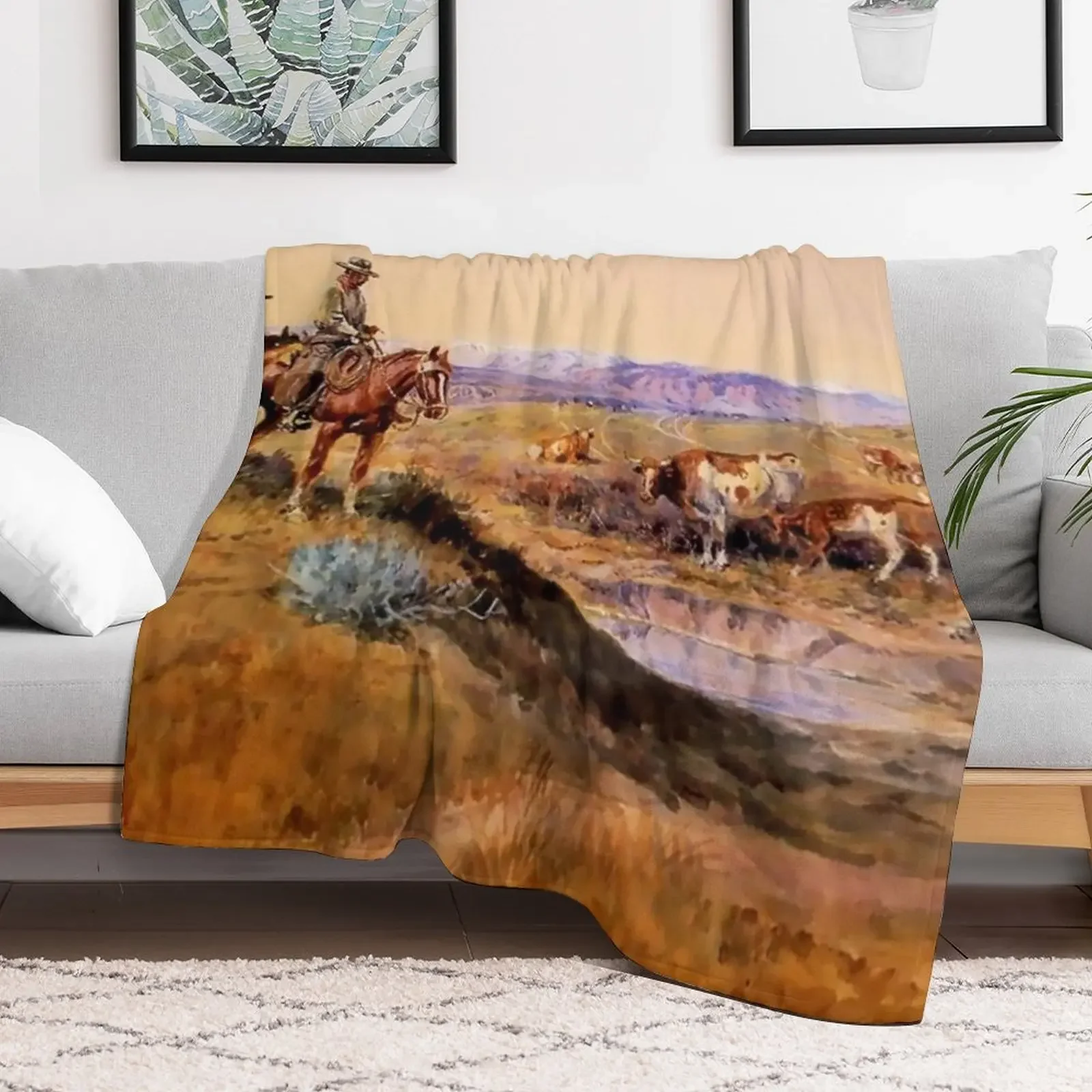 “Worked Over” Western Art by Charles M Russell Throw Blanket Cozy Home Blanket Gift for Christmas Holiday