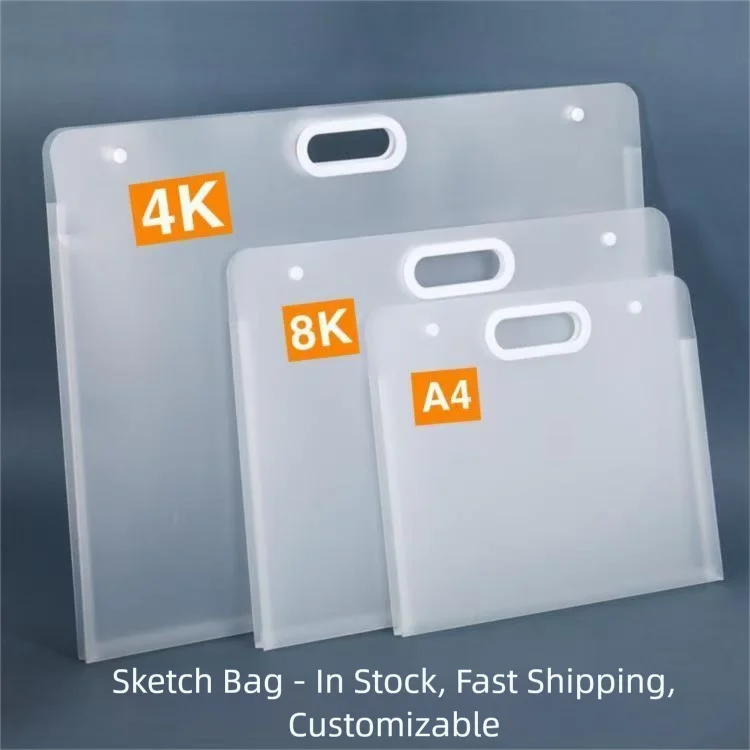 Pack of 2 frosted semi-transparent PP bags with a carry handle opening, available in A2/A3/A4 sizes. Perfect for storing photo a