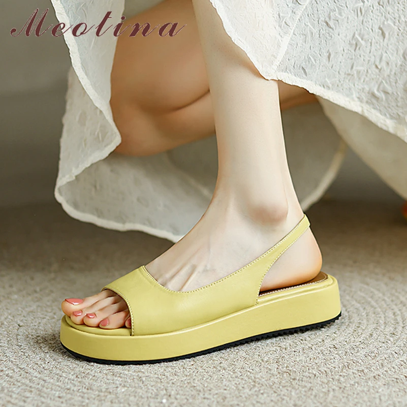 Meotina Women Genuine Leather Round Toe Platform Sandals Flats Sheepskin Ladies Fashion Casual Shoes Summer Spring Yellow