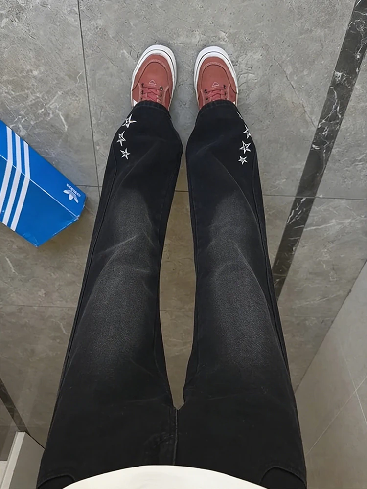 

Star Embroidery Wide Leg Men's Jeans mid Waist hine Embroidered Bla ey Casual Wear Youth Sle Winter Trousers