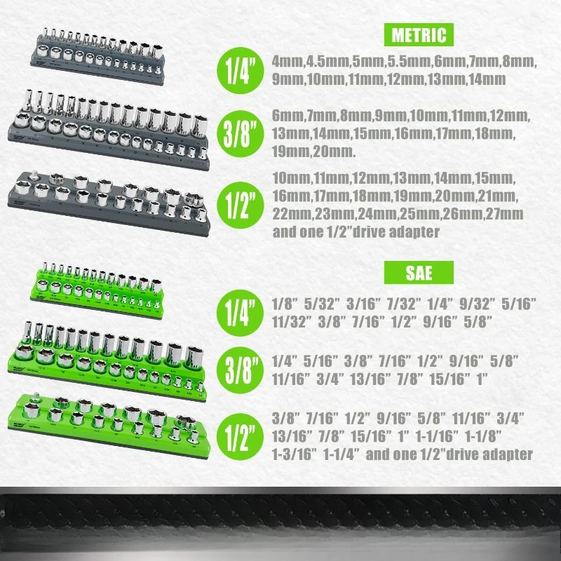 2025 Magnetic Socket Organizer Set 6 PC, holders for tool box drawer, Holds 143PCS Standard and Deep Size Sockets