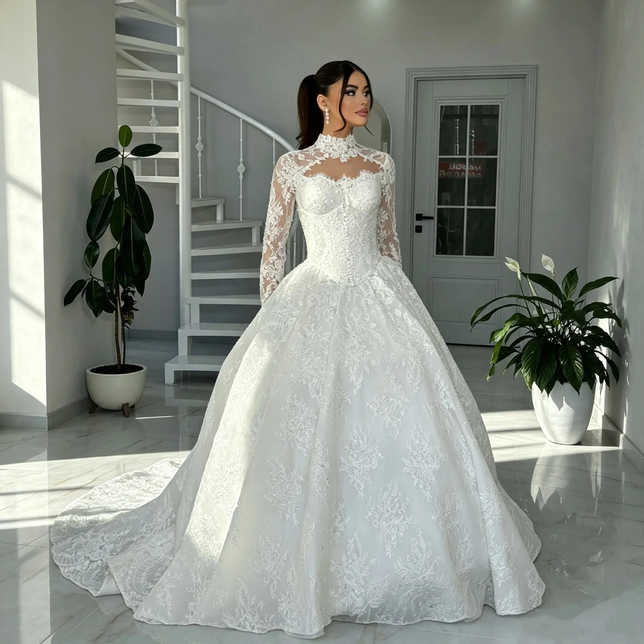 High High Neck Long Sleeve Muslim Wedding Dress 2026 Customized Lace Beaded Ball Gown With Train Modest Arabic Bridal Gown - Aliexpress Deal