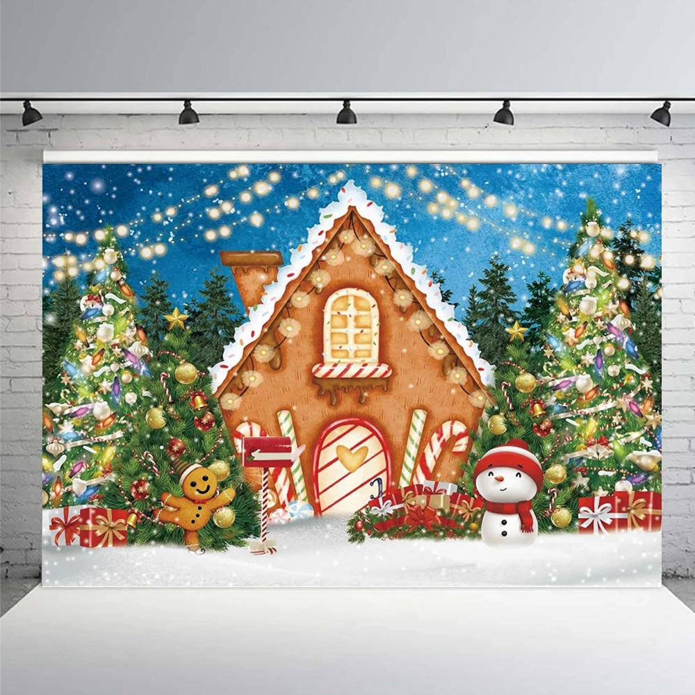 Christmas Gingerbread House Background Winter Happy Pine Tree Gift Newborn Baby Shower Family Birthday Party Decor Photo Props