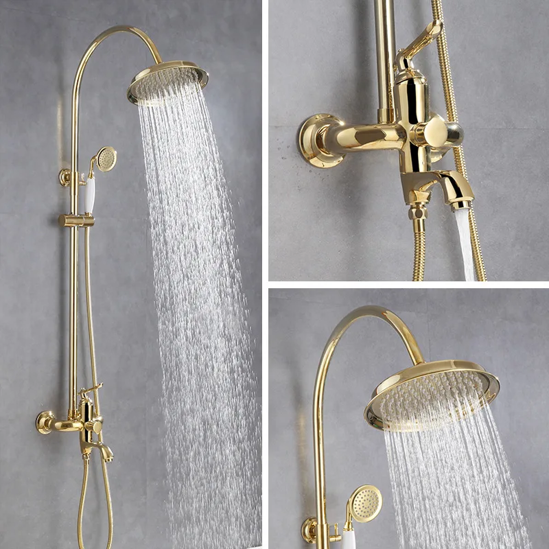 Full Brass Cold and Hot Shower Gold Shower Rain Head Faucet Set Telescopic Shower Tap European Style