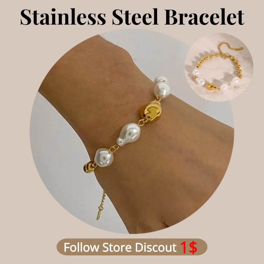 

Stainless Steel Baroque Pearl Bracelet Plated 18k Gold Non Tarnish Waterproof Trendy Jewelry Fashion Bracelet For Women Gift