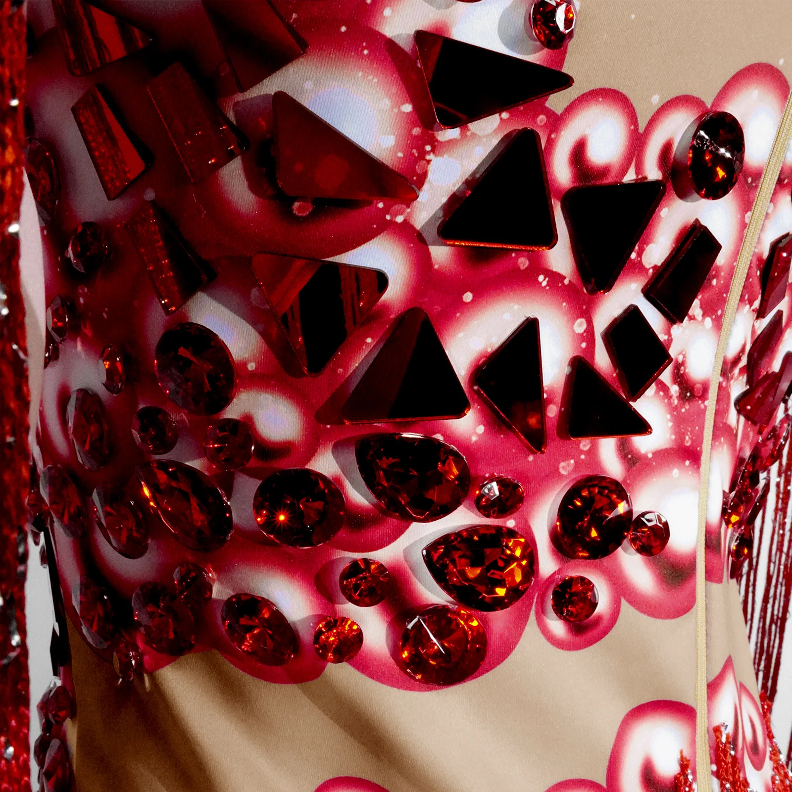 Błyszczący Czerwony Kombinezon z Frędzlami z Cyrkonii, Strój do Tańca z Efektem Lustra, Kostiumy dla Showgirl, Strój Drag Queen, Strój Gogo na Występy, Kostium na Scenę do Klubu Nocnego