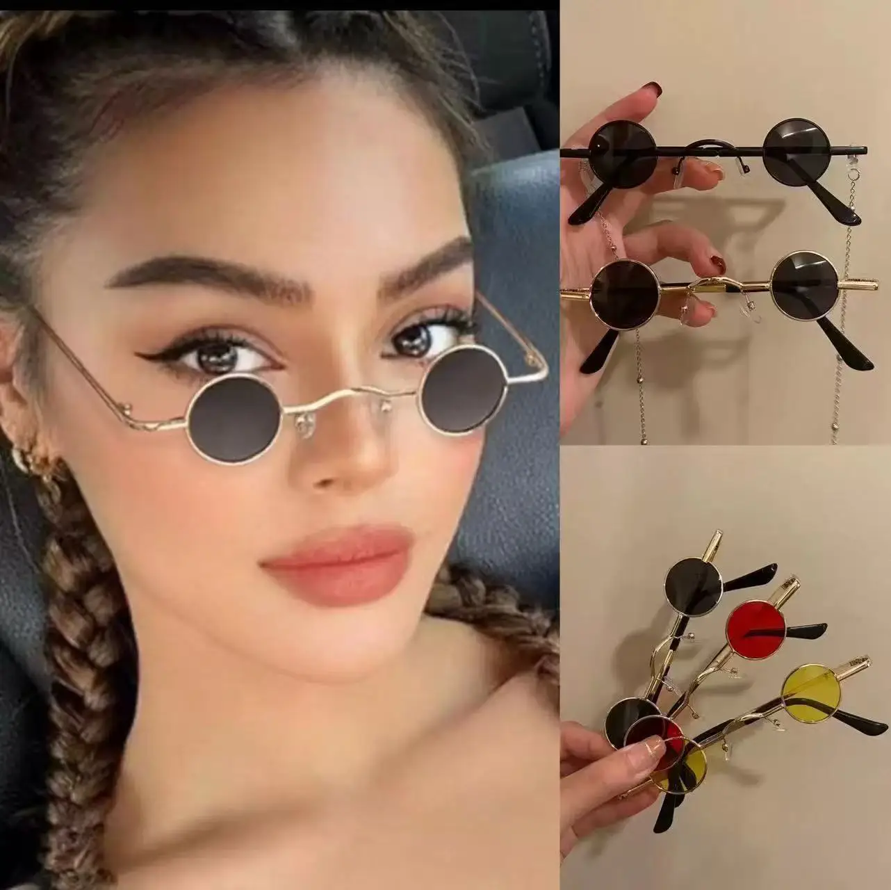Beliebte Retro-Sonnenbrille im Mini-Format, rund, geeignet für Männer und Frauen, im Punk-Stil und mit lustigem Design.1059