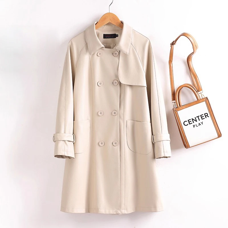 New Women Split Leather Coat Spring Autumn Fashion Chic Design Medium Long  Loose Leathers Trench Casual Female Outerwear