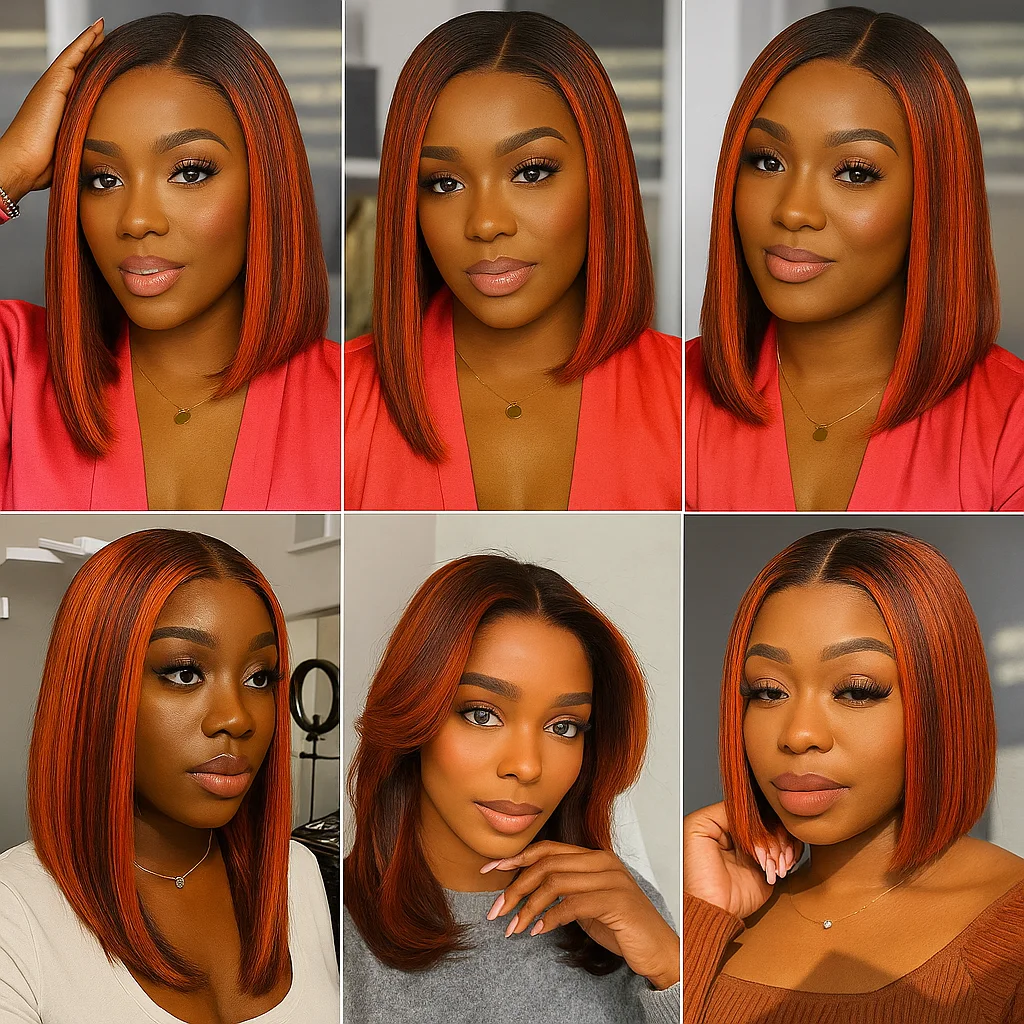 ジンジャー ミックス ブラウン ウィッグ バレイヤージュ # 4/350 レッドカッパー ハイライト ストレート ショートボブ ストレート人毛 13x4 レースフロント ウィッグ