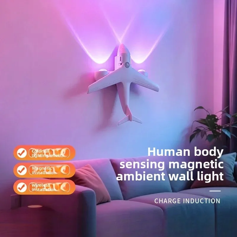 ShinyYing 2Pack Magnetic Motion Sensor Wall Light Airplane Night Lamp USB-C Rechargeable RGB 3-Color Hallway