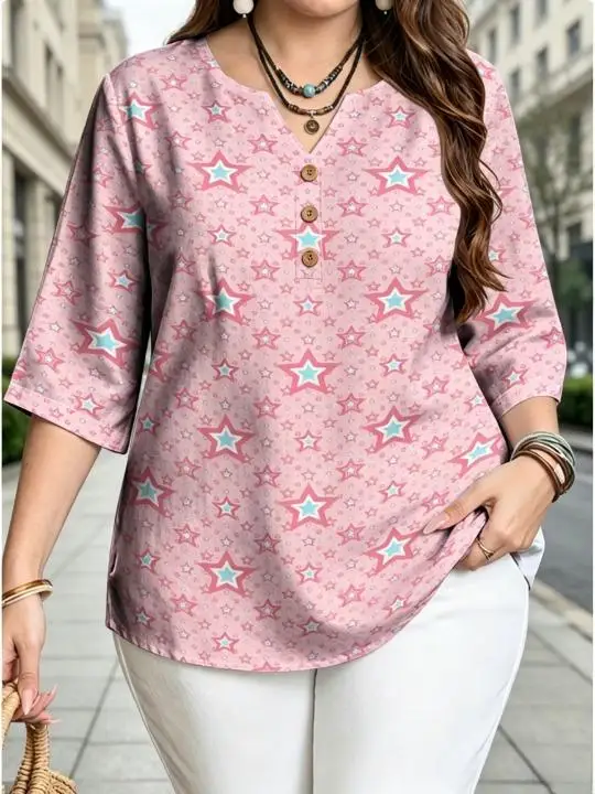 Plus Size Women Print Blouse Notch V Neck 3/4 Sleeve Three Decor Buttons Loose Lightweight Casual Daily Holiday Shirt