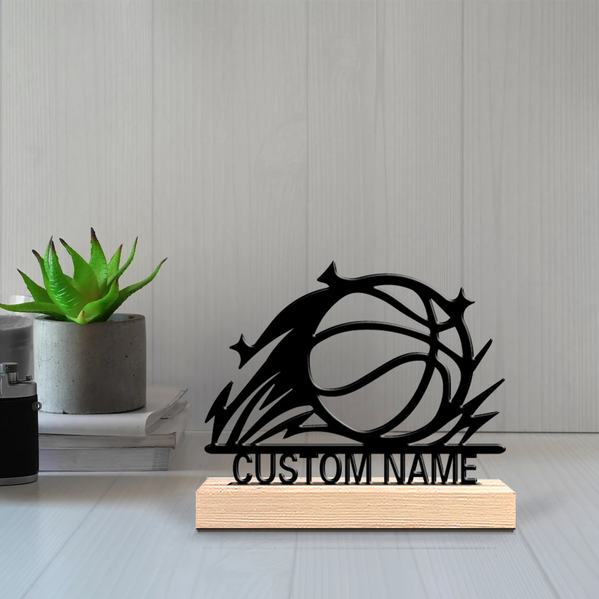 1pc Weird Personalized Custom basketball Metal Statues Nature-Inspired Wooden Base Decor for Office Living Room Zen Calm Spaces