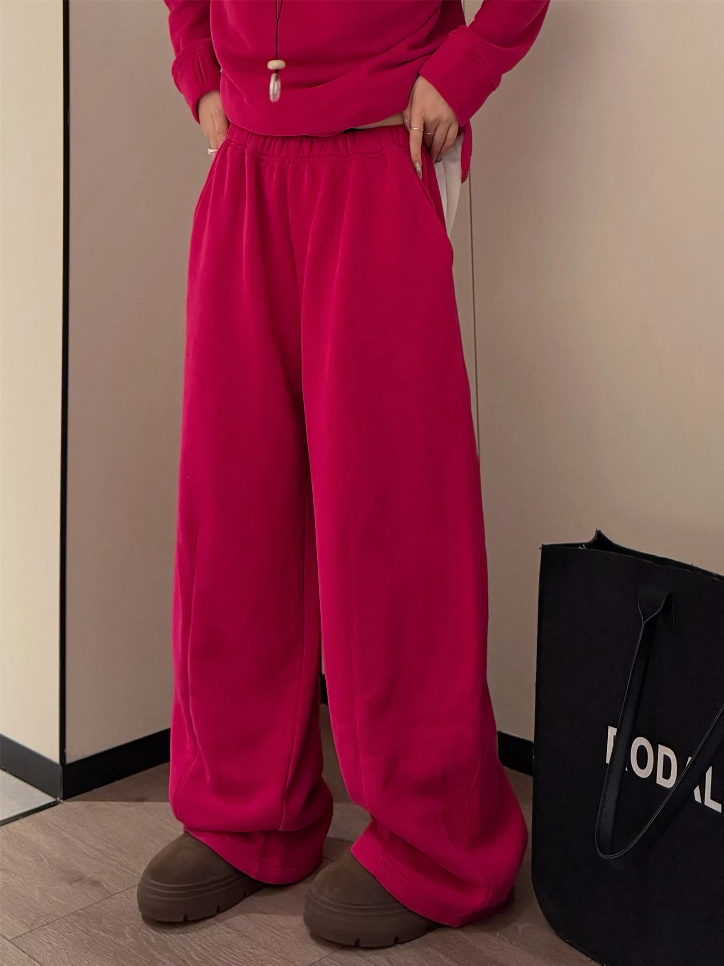 Winter New Cotton Fleece Lined Thickened Straight Pants Versatile Warm Casual Pants Elastic High Waist Floor-Length Pants