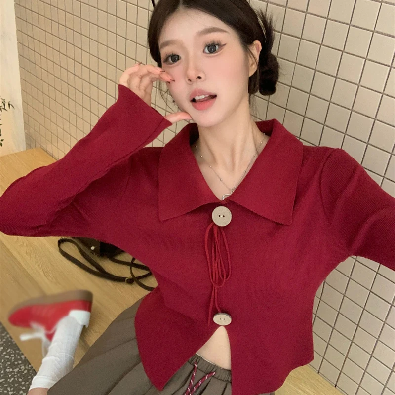 Knit Long Sleeve Sweater Red Christmas Autumn Winter Lazy Style Irregular Slim Tie Button Top Chinese New Year Festival Casual