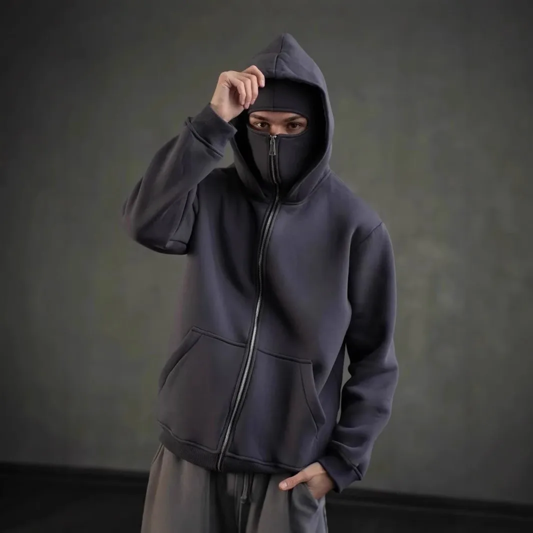 Men's Winter Autumn Fleece Balaclava Double Hooded Pullover With Zipper And Large Pocket Jacket For Outdoor Leisure & Sportswear
