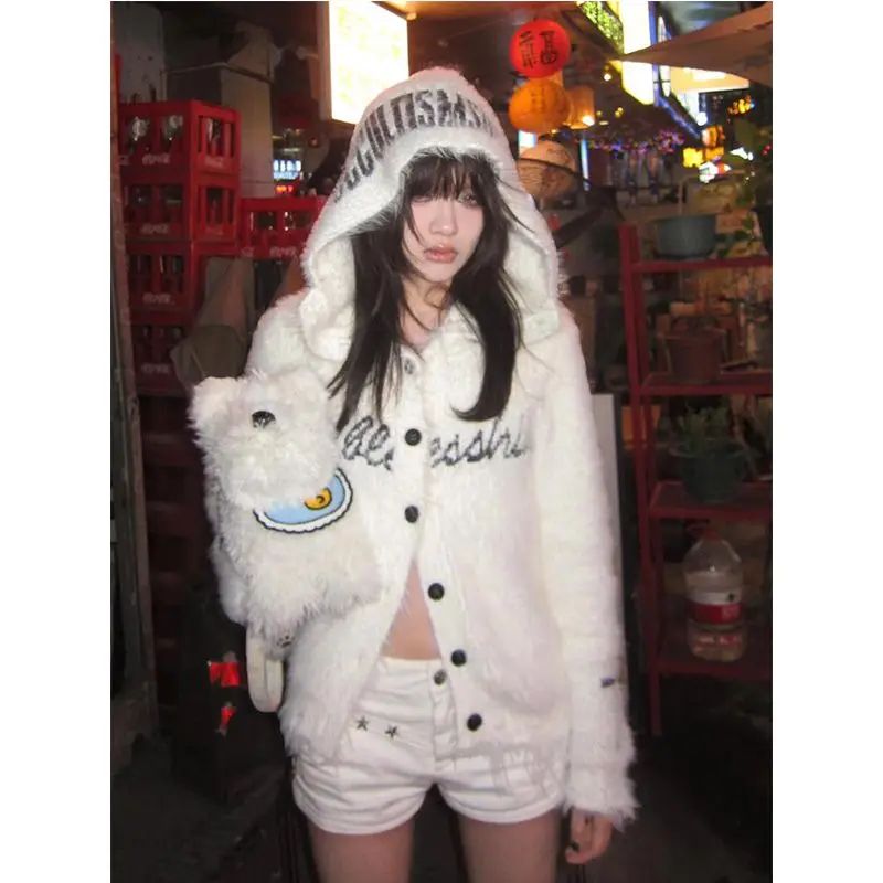 

American retro white knitted women's sweater autumn and winter spicy girl loose knitted women's top Y2K retro Harajuku style