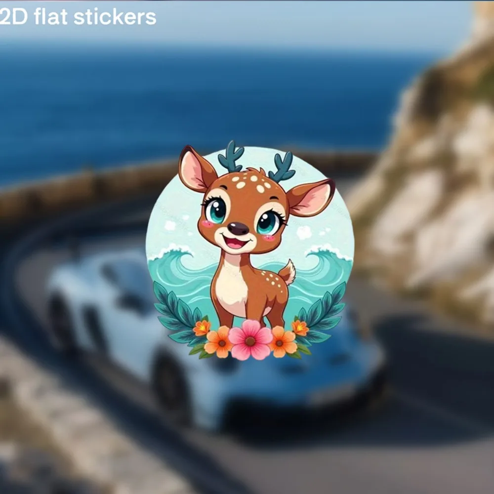 A Collection of Three Flat Decorative Stickers Featuring Cute Deer And Floral Designs Perfect for Cars Laptops Water Bottles