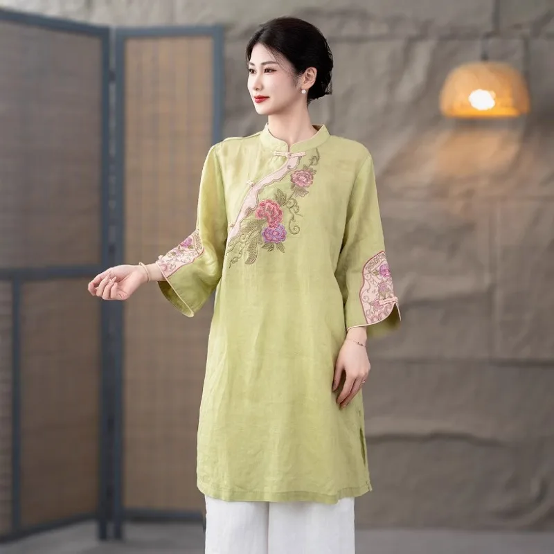 

Retro Pure Cotton and Linen Embroidered Shirt for Women's Spring and Summer Mid-length Stand-up Collar Top Loose Zen Tea Clothes