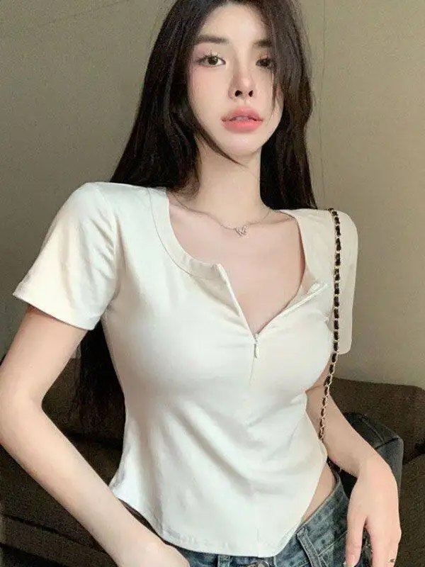 

plus Size Women's Short Sleeve T-Shirt Sexy Pure Desire Zipper Short Style Summer Top Sweet Style Half Open Collar Big Size