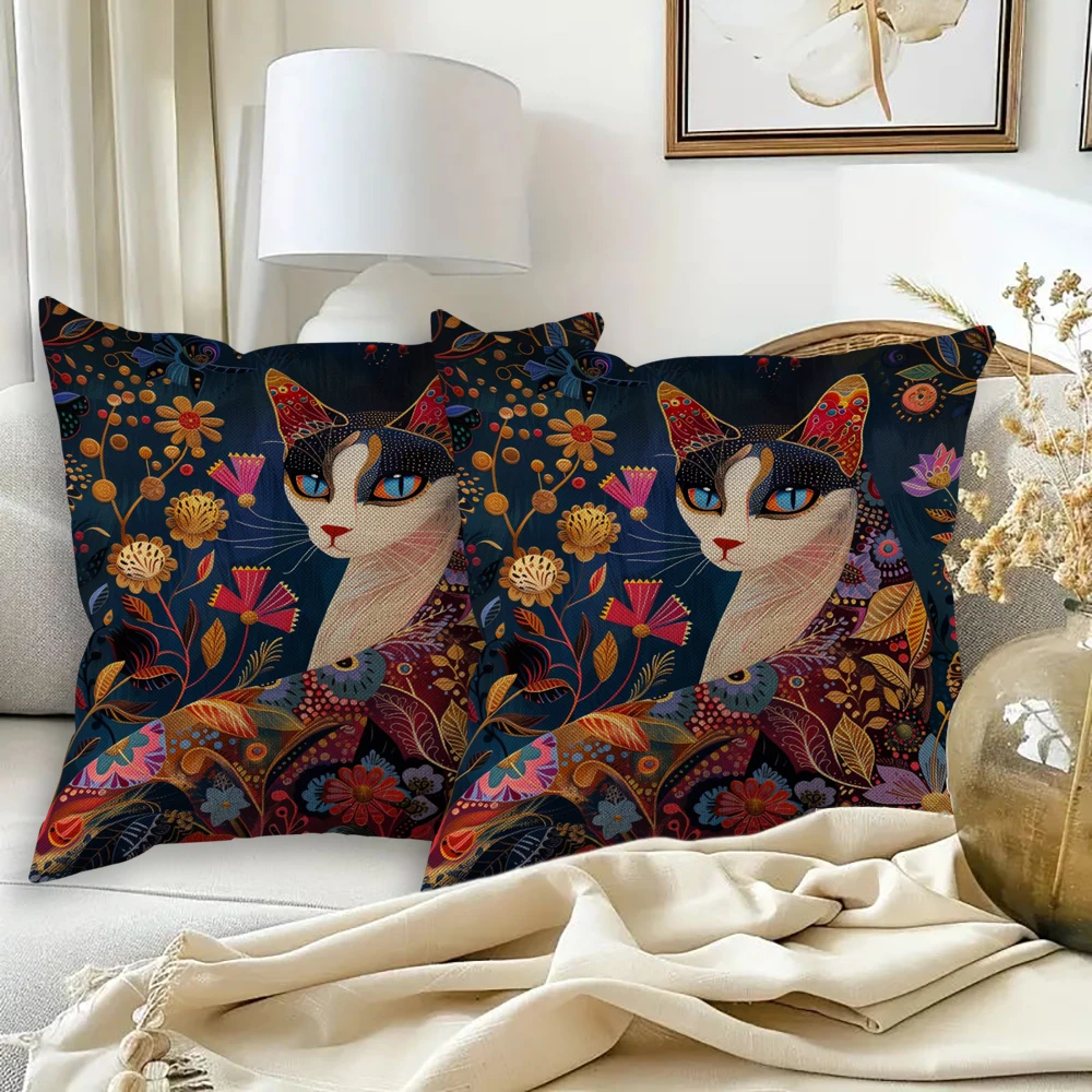 

Painting Cat With Flowers Pillowcase Wedding Decorative Linen Pillow Case For Home Pillow Cover 45X45(One Sides)