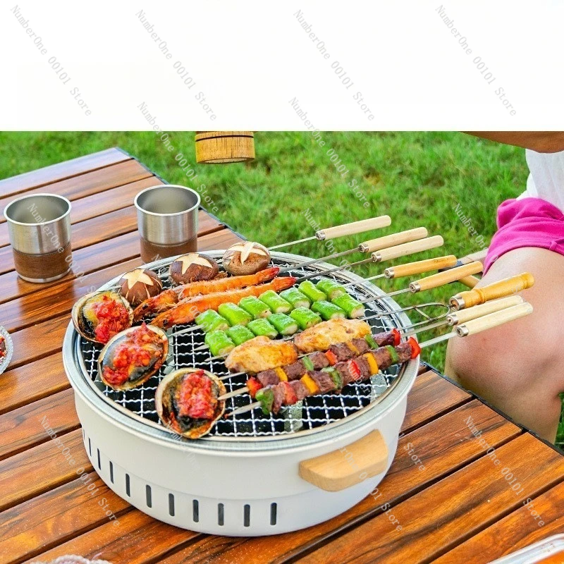 Outdoor Camping Charcoal Grill with Stove and Smokeless Barbecue Rack, Portable Multi-Function Home Heating