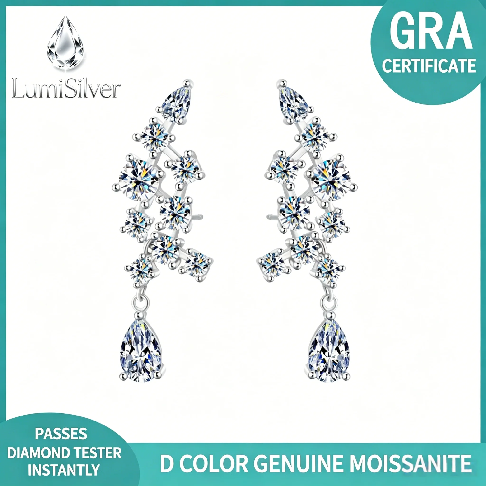 S925 Sterling Silver Pear-Shaped Moissanite Cluster Earrings High-End Luxurious Women's Full Moissanite Stud Earrings