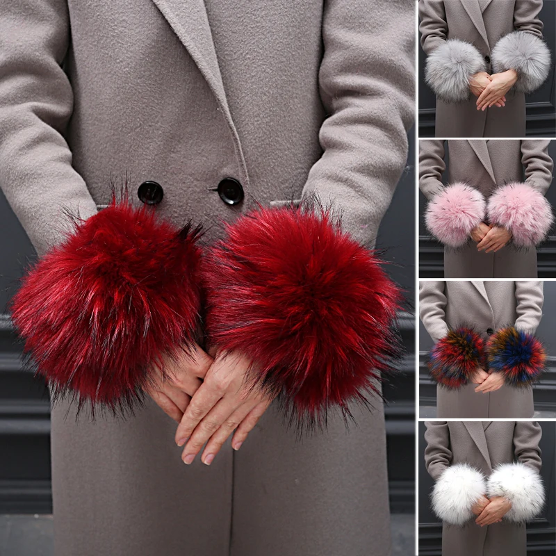 1 Pair Women Thick Fur Cuffs Winter Faux Fox Fur Elastic Oversleeve Arm Gloves Warm Plush Windproof Wristband Jacket Accessories