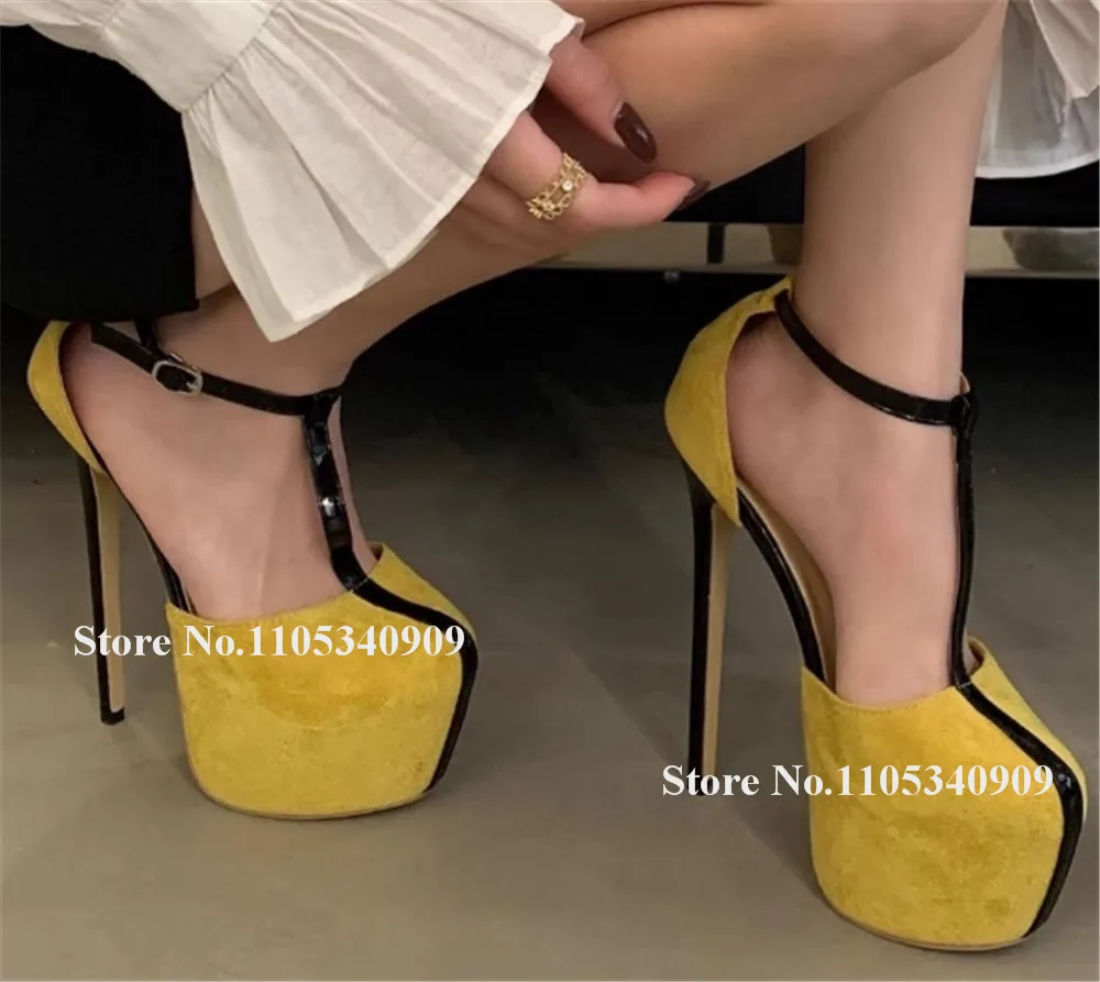 

Bondarenko Newest Yellow Suede Patchwork T-straps Stiletto Heel Pumps Sexy Round Toe High Platform Thin Heel Wedding Dance Shoes