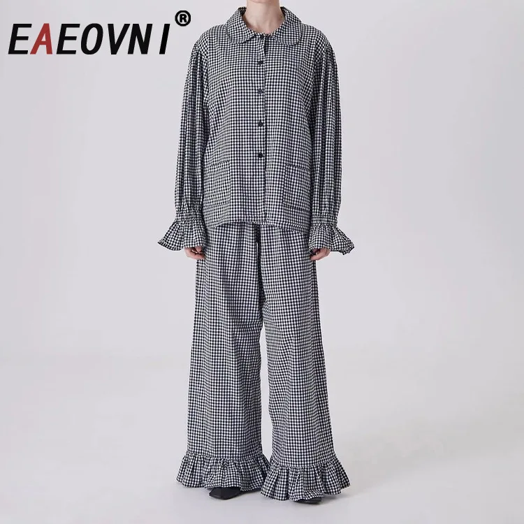 

EAEOVNI Повседневный клетчатый комплект с принтом, комплект из 2 предметов, женская блузка с воротником с лацканами и расклешенными рукавами, топы, широкие брюки, длинные брюки, модная одежда