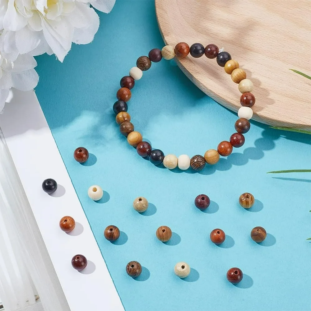 240개 12색 나무 원형 구슬 7.5mm 8mm 원형 나무 광택 스트라이프 루즈 크래프트 비즈 수제 미완성 목재