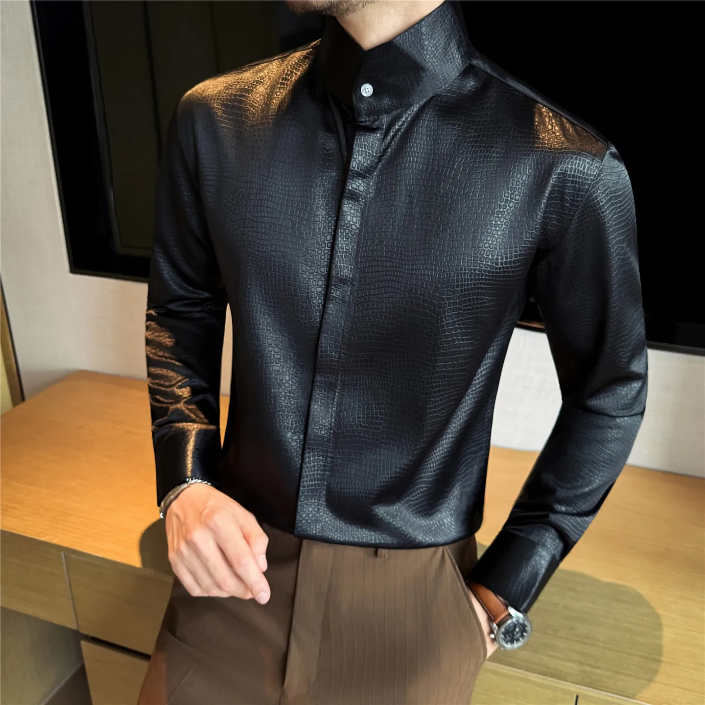 Stand Collar Shirt Men Personality Print Bright Face Skin-friendly Long Sleeve Shirt Party Prom Designer Clothes 2025 Autumn New