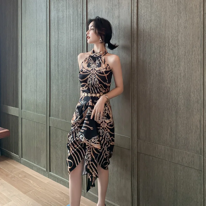 

Женский комплект с юбкой с разрезом и цепочкой, летняя мода 2020, вечернее платье из полиэстера с открытым верхом Ba