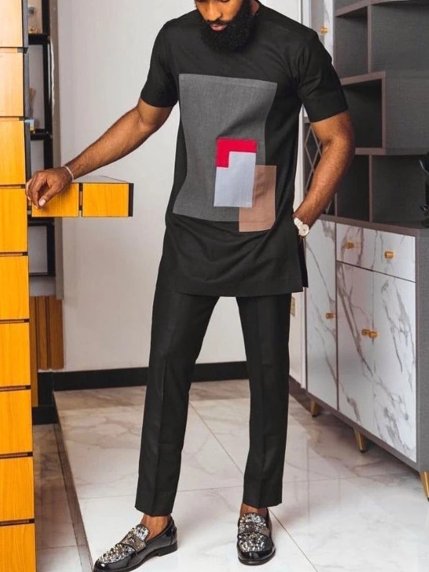 

Men's casual black and grey print two-piece set