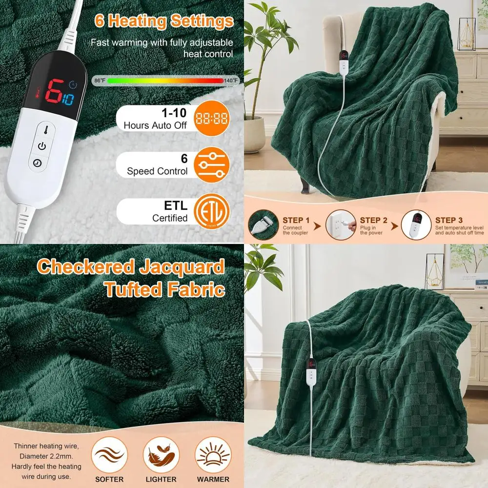 

Twin Size Electric Heated Blanket - 62x84 Jacquard Sherpa, 6 Heat Levels, 10-Hour Auto Shut-Off, Overheat Protection, Dark Green