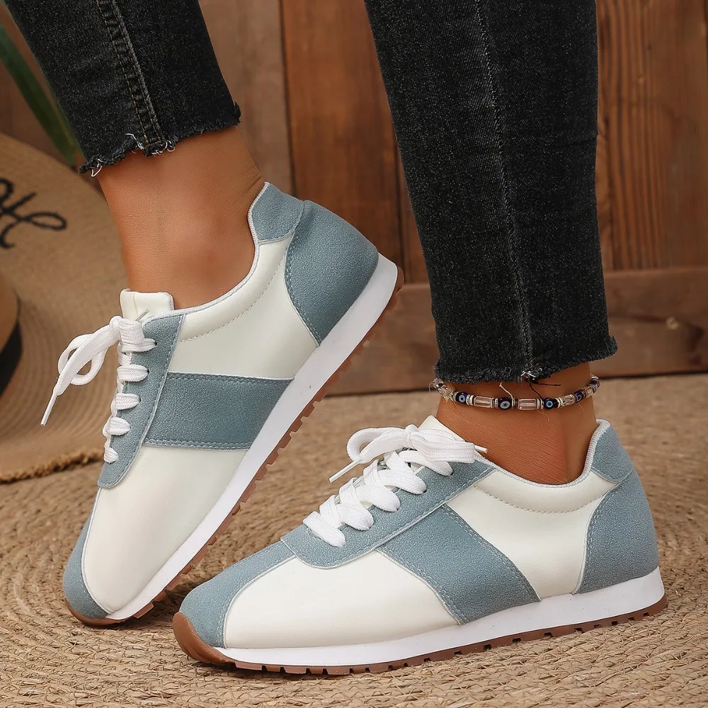 Women Color Block Sneakers Lace Up Patchwork Retro Walking Shoes Ladies Lightweight Casual Flat Athletic Shoes view 3