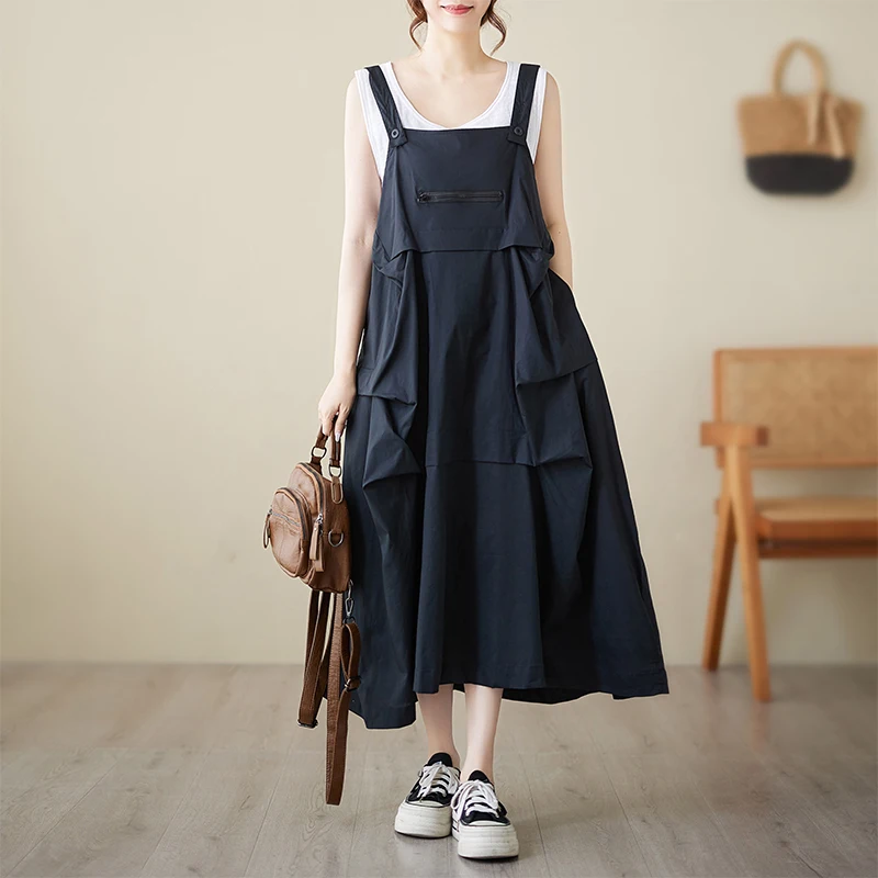 

Summer New k Hong Kong Sle Pure Color Strap Dr Faionable Midi Dr Casual Loose Fit Polyester Blend Fiber Skirt