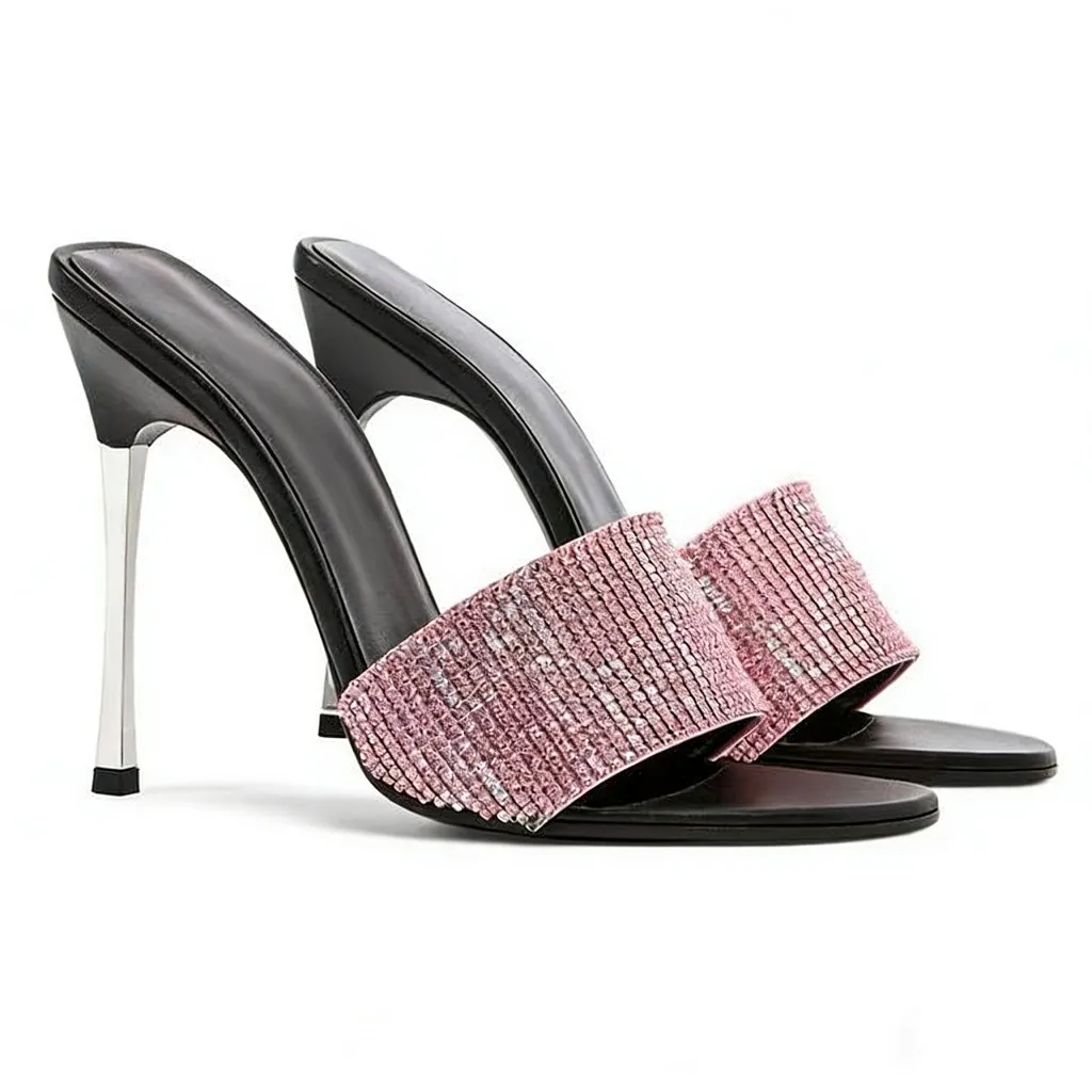 

Bling Crystal Round Toe Outdoor Summer Women Slippers Metal Stiletto High Heels Slip On Design Large Size Fashion Lady Shoes