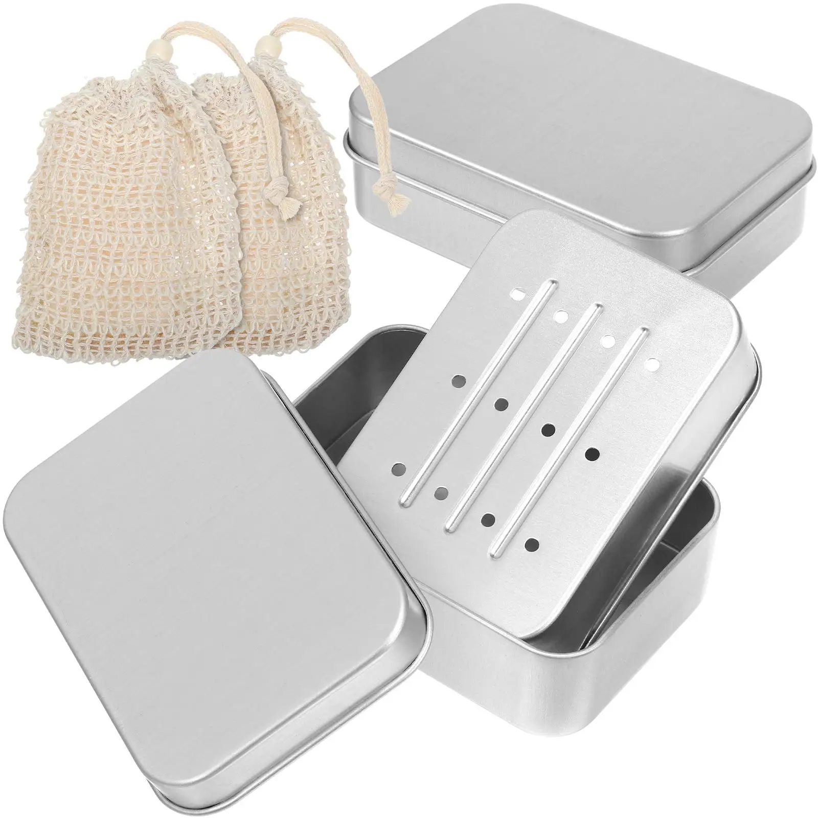 

2 Pcs Aluminum Soap Dish 9x14cm White Wood Beads Bags Portable Travel Soap Storage Tray Drainage Hole Bathroom Supply