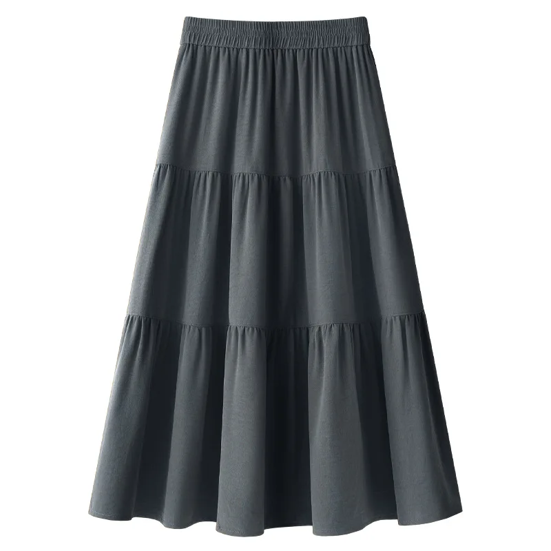 Grey Tiered A-Line Midi Skirt 2025 Summer Elastic Waist Flowy Slim Fit Chiffon Skirt for Work Travel Date