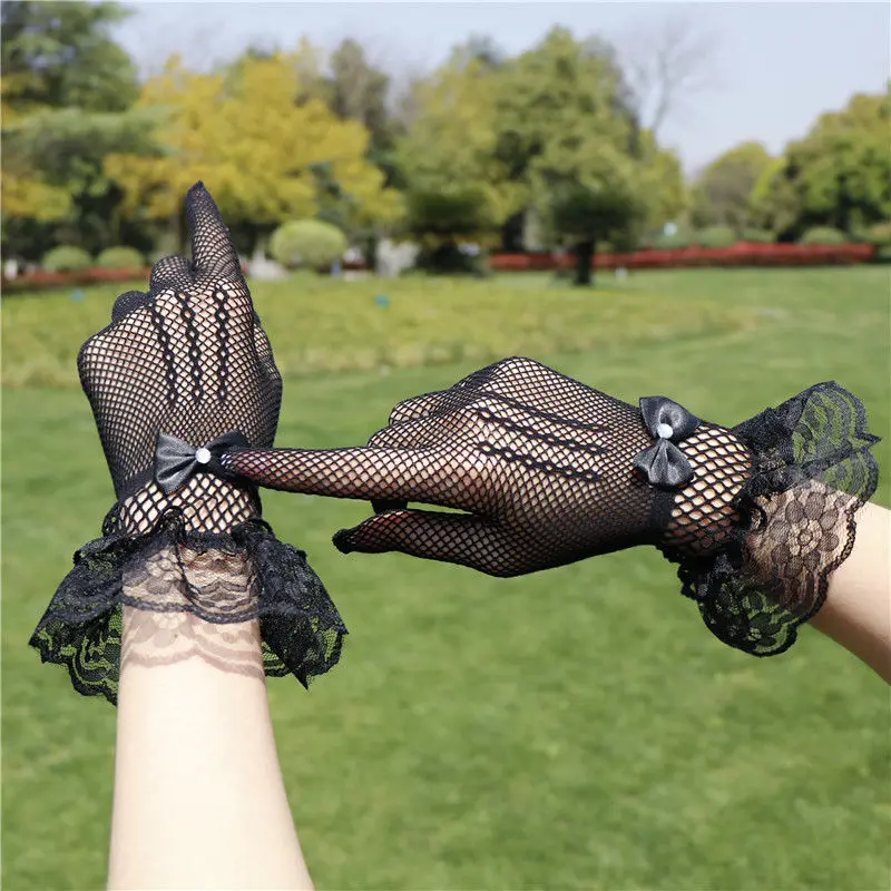 Women Black White Summer Uv-proof Driving Gloves Mesh Fishnet Gloves Lace Mittens Full Finger Girls Lace Fashion Gloves