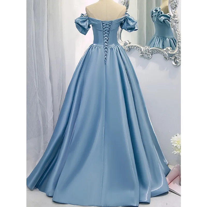Theme Strap Evening Dress Long Dress for Women 2025 New Blue Satin Long Style French One Shoulder Host Style Performance Dress