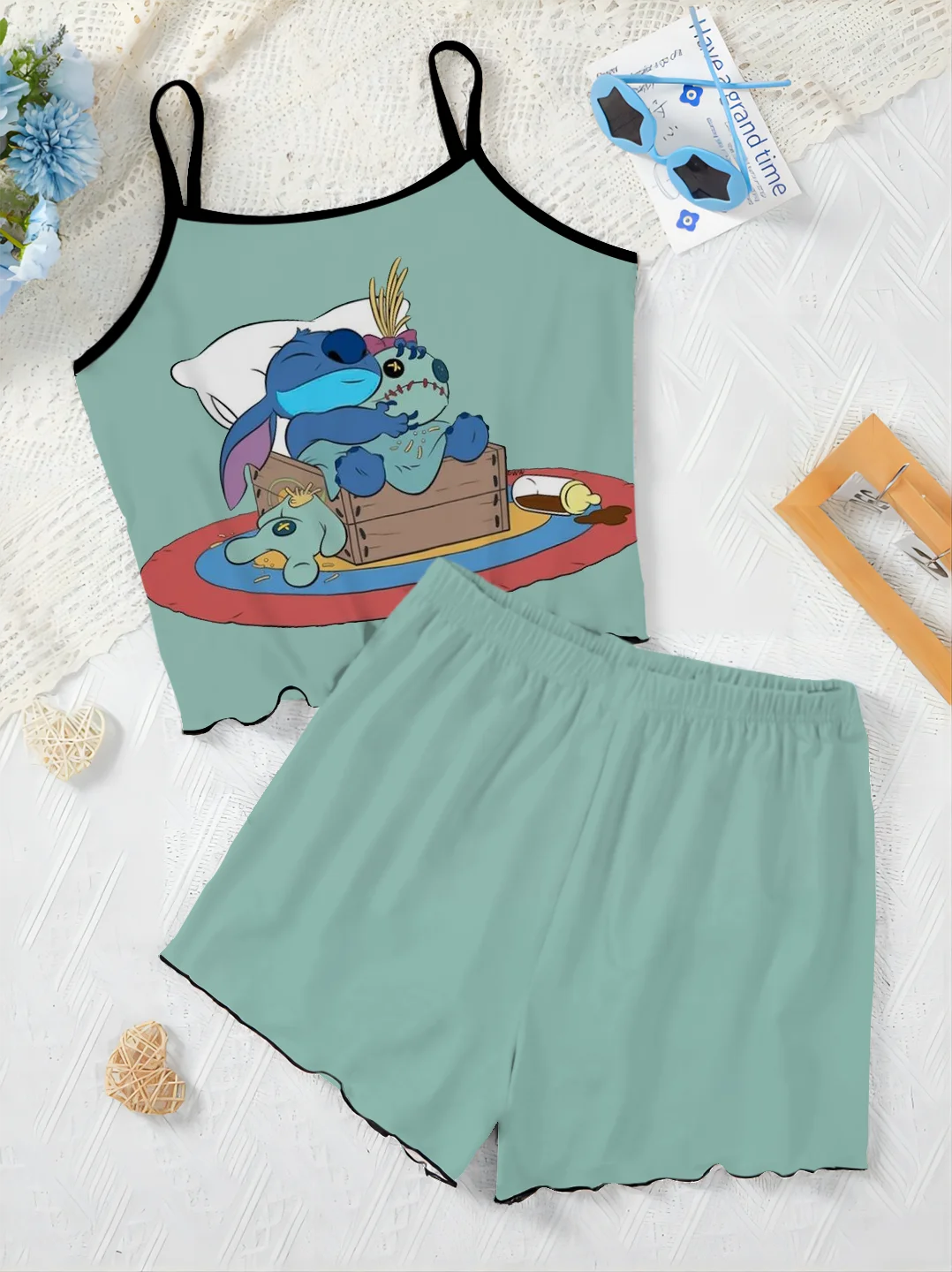 Stitch Sałata Wykończenie Garnitur damski Krótkie zestawy Sukienka na ramiączkach Top Piżama Spódnica Disney T-shirt Kawałki Elegancka 2-częściowa sukienka Disney Home