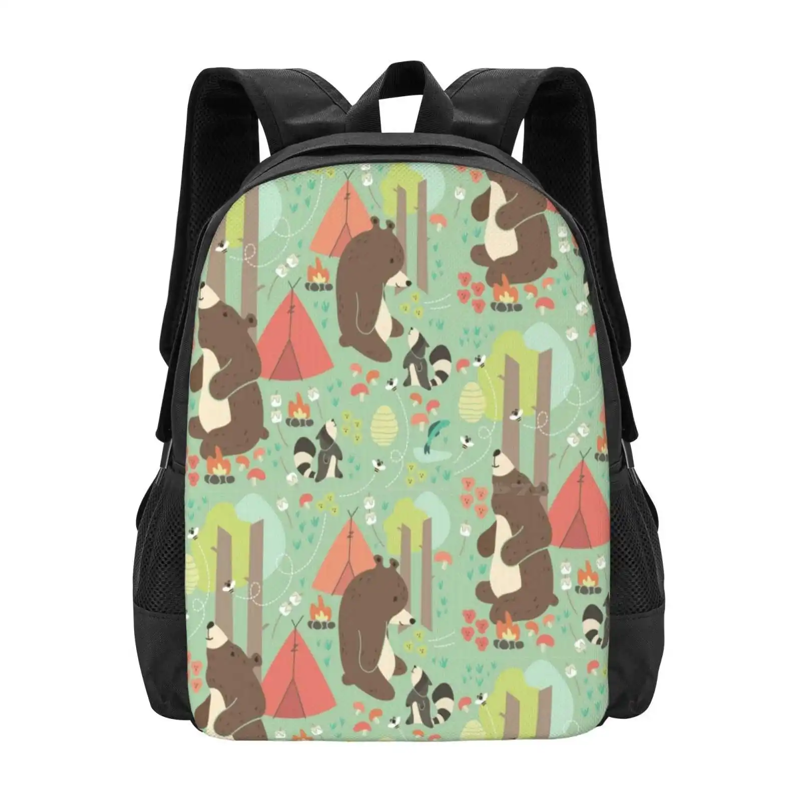 Bears Of Summer Hot Sale Schoolbag Backpack Fashion Bags Bears Raccoons Pattern Trees Teepee Tent Mushrooms Nature Flowers Bees