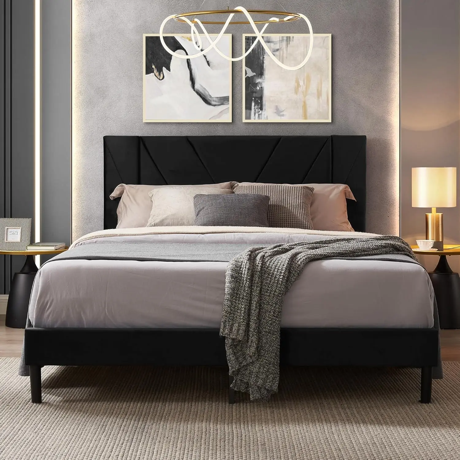 

Bed Frame Queen Size with Headboard Velvet Upholstered Platform with Sprung Slat, Modern Queen Bed Frame, Mattress Foundation