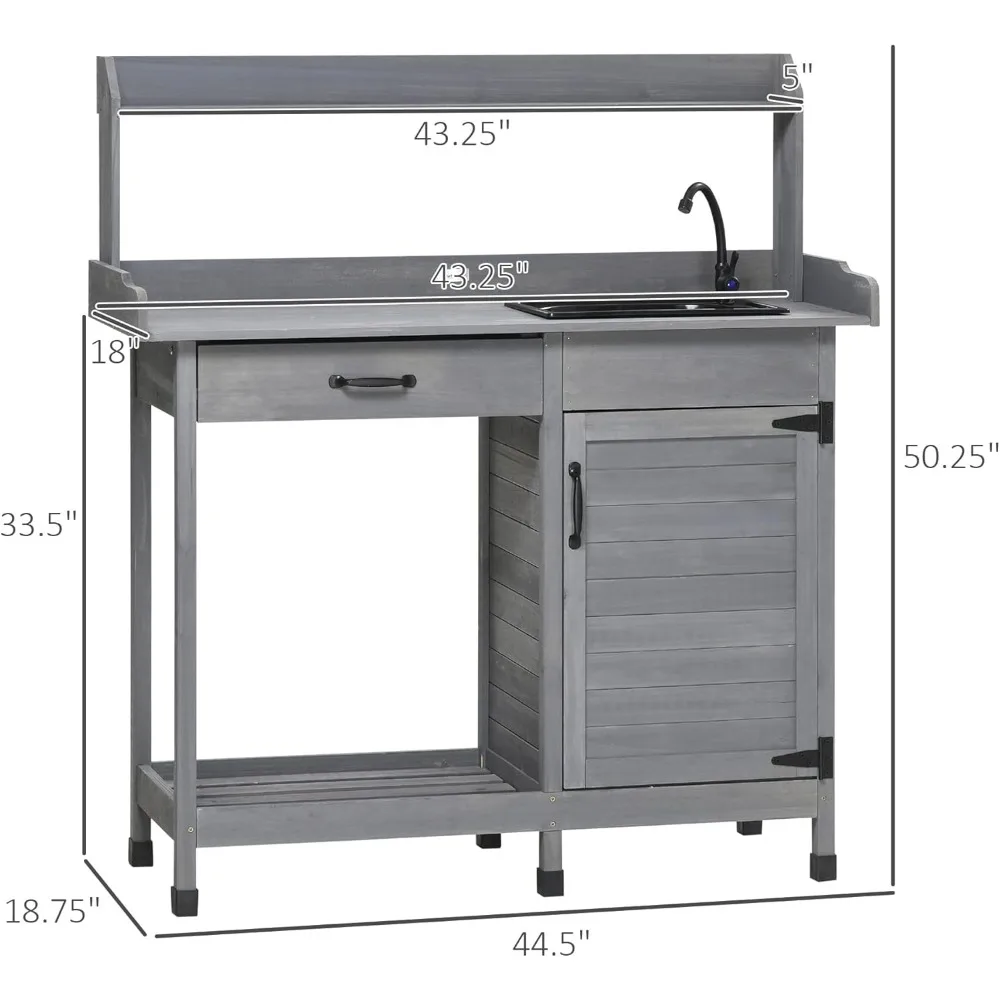 Stół do doniczek ze zlewem, stół do pracowania na zewnątrz ze szafką do przechowywania, haczykami, wyjmowanym zlewem, kranem i szufladą