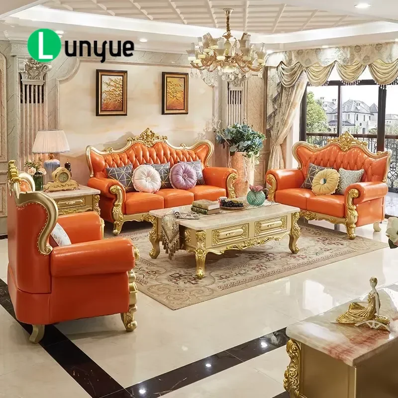 European Luxury Leather Sofa Set First Layer Cowhide Solid Wood Frame Champagne Gold Accent Large Living Room Furniture for