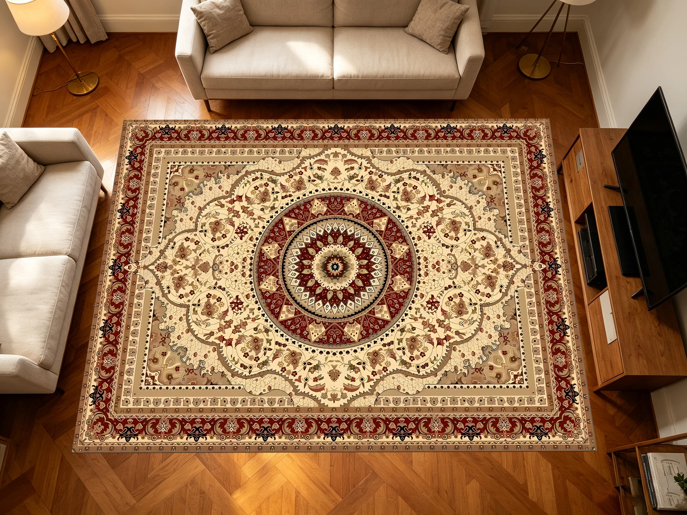 2D Carpet with Retro Persian Center Totem Pattern in Retro Ethnic Style for Living Room, Bedroom, and Bedside